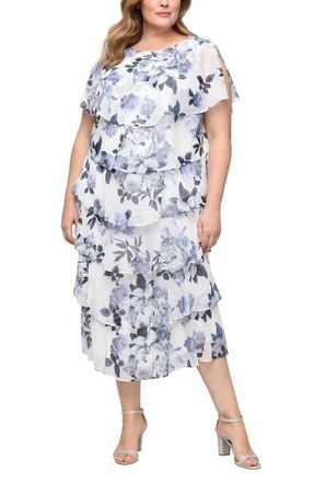 S.L. Fashions Floral Capelet Tiered Midi Dress in Ivory/Blue at Nordstrom, Size 14W