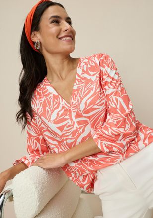 Tamaris Druckbluse TAMARIS, Damen, Gr. 34, pink gebl&uuml;mt, Web, Obermaterial: 100% Viskose, gemustert, l&auml;ssig geschnitten h&uuml;ftlang, V-Ausschnitt, 1-Knopf-Mansch