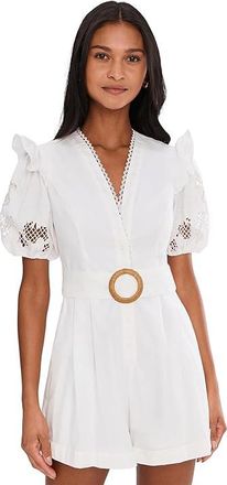 Adrianna Papell Lasercut Puff Sleeve Romper Womens Dress Ivory : 14, Cotton