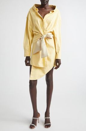 Area Satin Knot Long Sleeve Cotton Oxford Shirtdress in Light Yellow at Nordstrom, Size X-Large