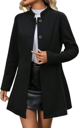 Generic Womens Button Up Dressy Jacket Long Sleeve Collared,Fall Winter Mid-length Jackets (Black,XXL)