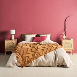 Sweeek Set de 2 mesitas de noche con 1 puerta, madera y ca&ntilde;a, natural