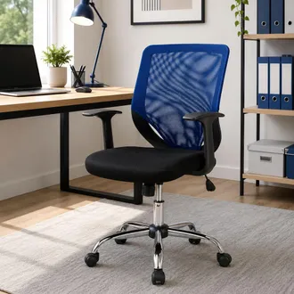 Dmora Silla De Oficina Daaro, Sill&oacute;n Ejecutivo De Malla Con Reposabrazos, Asiento De Oficina Ergon&oacute;mico, 60x54h90/98 Cm, Negro Y Azul - Dmora