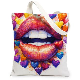Generic Artistic Heart Pattern Canvas Tote Bags, Colorful Lips Design Reusable Grocery Bags, Lightweight Washable Shoulder Strap Tote for Shopping Travel Beac