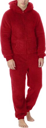 Generic Mens Red Pajamas Zip Up One Piece Plush Pajamas Long Sleeve Big and Tall Warm Jumpsuit Romper