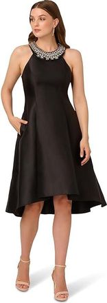 Adrianna Papell Beaded Mikado Midi Dress Womens Dress Black : 14, Polyester