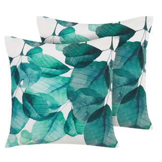 Beliani Conjunto De Cojines Decorativos De Exterior De Poli&eacute;ster Cuadrado Azul Verdoso Y Blanco 45 X 45 Cm Patr&oacute;n De Hojas Multicolor Trebbo