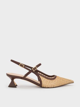 Charles & Keith Raffia Sculptural-Heel Slingback Pumps