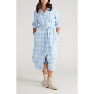 Universal Standard Morgan Long Sleeve Stretch Flannel Midi Shirtdress in Teapot Blue Plaid at Nordstrom, Size 4Xl