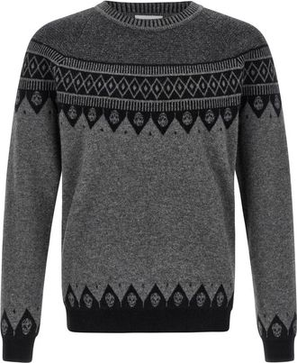 Alexander McQueen Jacquard Trui met Doodskoppenpatroon - Heren - Ronde hals truien - Grijs - XL - Wol - Truien & Vesten