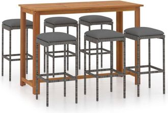 vidaXL Set De Bar Para Jard&iacute;n 7 Piezas Y Cojines Rat&aacute;n Sint&eacute;tico Gris Vidaxl