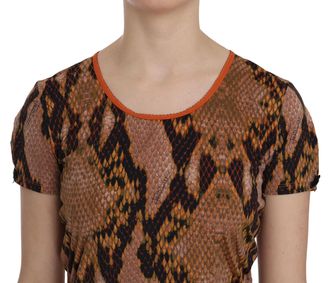 Just Cavalli Womens Snake Skin Print Short Sleeve Top T-Shirt Brown Polyamide Elastane