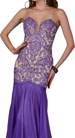 Angela & Alison Beaded Bodice Prom Dress In Violet/nude