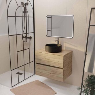 Aurlane Aurlane - Mueble De Ba&ntilde;o 70 Decor Roble 2 Cajones Lavabo Negro Redondo Y Espejo Led