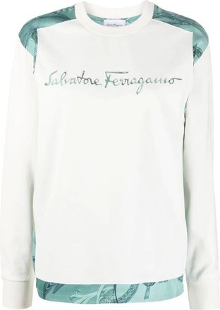 Ferragamo Rondgebreide trui met ronde hals en geborduurd logo - Dames - Sweatshirts & Hoodies - Wit - Maat: XS Katoen