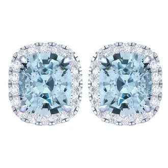 Diamond2Deal 14k White Gold Vivid Blue Cushion Cut 5.5 Ct Lab-Grown Diamond Halo Stud Earrings