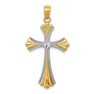 Diamond2Deal 14k Yellow Gold Diamond-Cut Rhodium Budded Cross Pendant