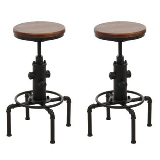 Hhg Hhg - Juego De 2 Taburetes De Bar 970, Taburete De Bar Altura Regulable Reposapi&eacute;s Giratorio Hierro Industrial Madera Maciza, Marr&oacute;n