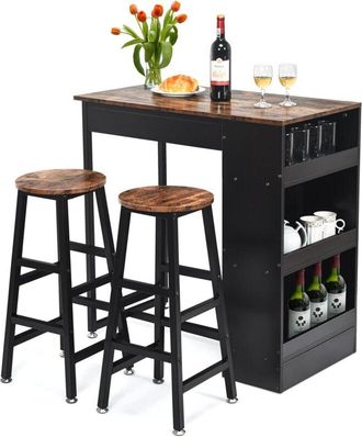 Costway Juego de Mesa de Bar de 3 Piezas, Juego de Mesa con 2 Taburetes de Bar, Mesa de Comedor de Madera con Estante Lateral de 3 Niveles, Mesa de