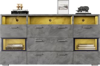 STILVORA Aparador Con 2 Puertas, 3 Cajones Y Led Controlada Por App, Puertas Con Acr&iacute;lico, Moderno, Gris, 140&times;33,5&times;72,5 Cm