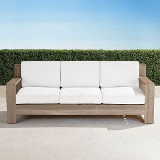 Frontgate St. Kitts Sofa with Cushions in Weathered Teak - Quick Dry, Sailcloth Air Blue - Frontgate