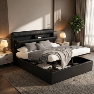 Merax 4ft6 Double PU Upholstered Ottoman Storage Bed with Headboard Storage in Black
