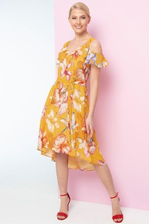 Roman Floral Cold Shoulder Chiffon Hanky Hem Dress