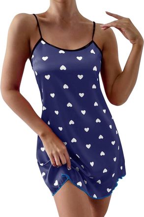 Generic Nightdresses for Women UK Suspenders Heart Print Cami Homewear Satin Nightdress Midi Dress Nighties Women Silk Nightgown Loose Womens Lingerie Set Plu
