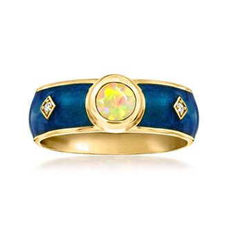 Ross-Simons Opal and Blue Enamel Ring With Diamonds in 18kt Gold Over Sterling