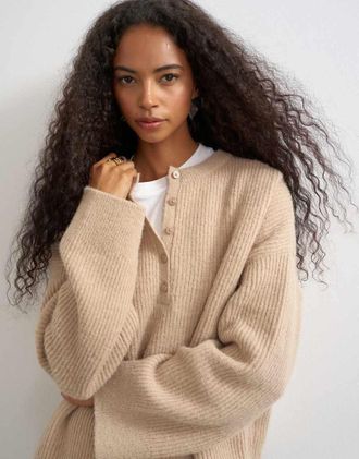 Topshop maglione Henley lavorato a maglia color avena-Neutro