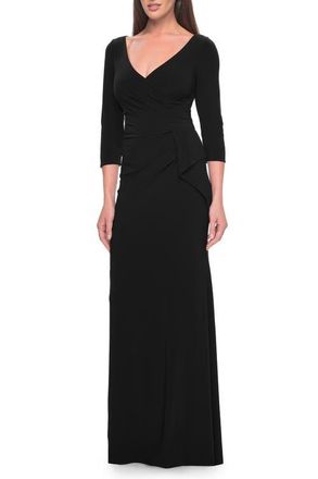 La Femme Three Quarter Sleeve Jersey Evening Dress with Ruffle Detail in Black at Nordstrom, Size 10