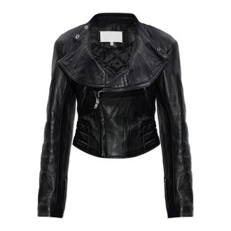Maison Margiela Folded Collar Leren Jas - Dames - Leren en Su&egrave;de Jassen - Zwart - XS - Katoen - Jassen