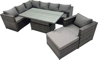 Fimous Fimous 8-seater Height Adjustable Rising Lifting Table Corner Sofa Set Rattan Garden Furniture Dining Set with Big Stool Dark Grey Mixed