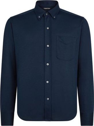 Tom Ford Navy Blauw Zijde-Katoenen Overhemd - Heren - Casual Overhemden - Blauw - 4XL - Katoen - Overhemden