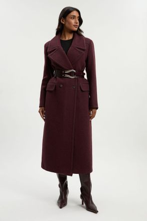 Karen Millen Womens Wool Hybrid Double Breasted Tailored Midi Coat With Removable Padded Lining - Burgundy - Size 12 UK