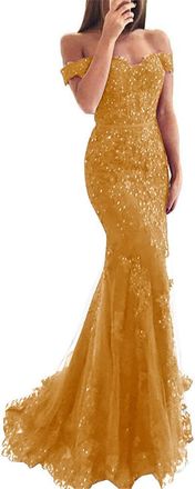 Generic Tulle Prom Dresses Long Beaded Sexy Mermaid Gowns Off The Shoulder Lace Appliques Formal Evening Gown Gold XL