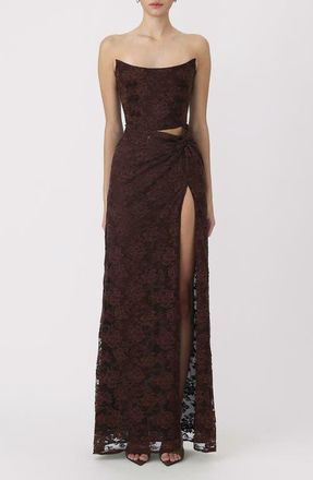 Sau Lee Julia Floral Lace Cutout Detail Cotton Blend Strapless Gown in Dark Walnut at Nordstrom, Size 10