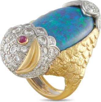 David Webb Vintage 18K Yellow Gold 4.32ct Diamond and Opal Fish Ring DW03-040826