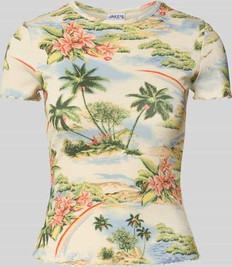 Jake*s Casual T-Shirt in Ripp-Optik mit Wellensaum in Ecru, Gr&ouml;&szlig;e XS