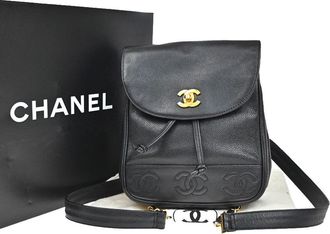 Chanel Vintage Triple Stitched Cc Flap Backpack Caviar Calfskin Backpack Bag (Pre-Owned)