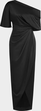 Theia Rayna Draped One-Shoulder High-Low Gown