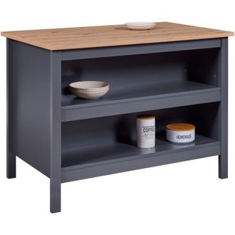 Inter Link SAS Isola nellina per cucina 2 ripiani e vano sgabelli 124x75x91,5CM laminato grigio e quercia artisan