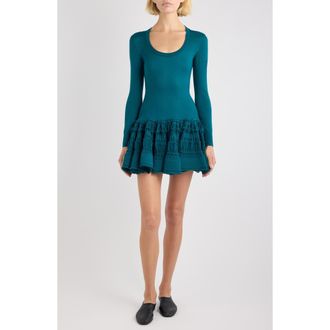 Alaia Long Sleeve Ruffle Drop Waist Wool Blend Minidress in Vert Petrole at Nordstrom, Size 10 Us