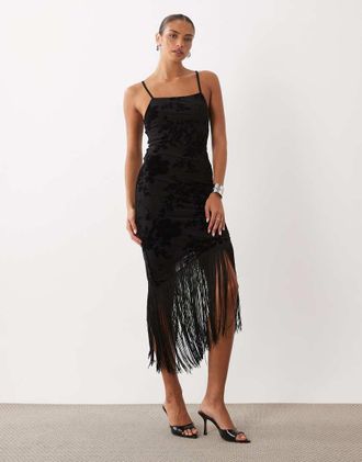 Asos vestito midi floreale devor&eacute; con dettaglio frange nero