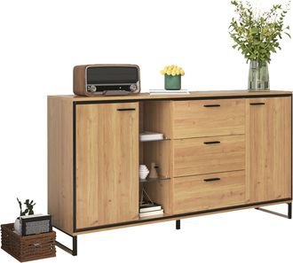 STILVORA Credenza Con 3 Cassetti E Vani, Led 16 Colori, Stile Moderno, In Pannello Truciolare, Naturale, 160&times;40&times;85 Cm
