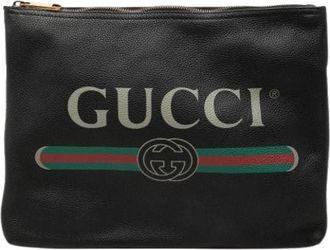Gucci Pre-owned Printed Leather Clutch - Dames - Vintage Clutch - Zwart - ONE Size - Leer - Vintage