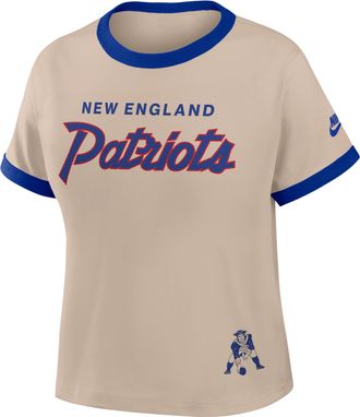 Nike New England Patriots Rewind Ringer Mod Nike Womens NFL Cropped T-Shirt in Brown | 04N90IKZ8KV-X5Q