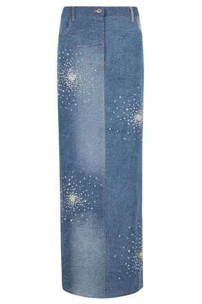 Des_Phemmes Tie Dye Embroidered Denim Midi Skirt