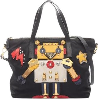 Prada Pre-owned Handbags, female, Black, Size: ONE SIZE Pre-owned Nylon Saffiano Leather Tote Bag