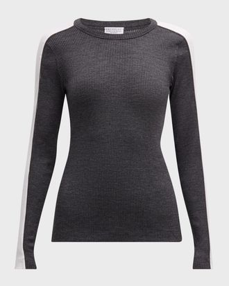 Brunello Cucinelli Contrast-Band Rib Jersey Retro Crewneck Sweater